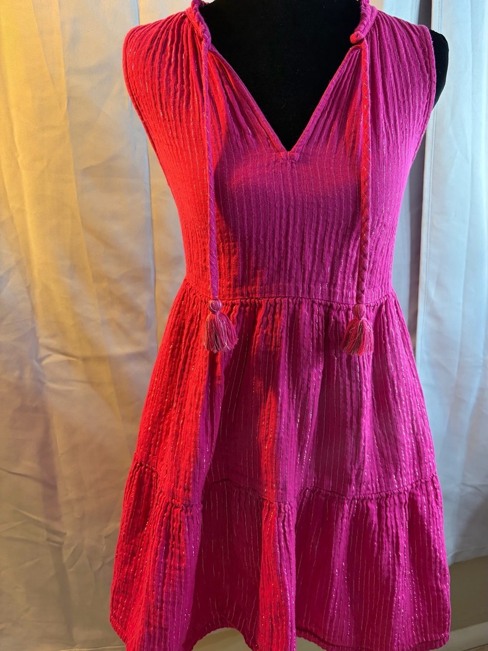 J. Crew Bright Fuchsia Sleeveless V-Neck Tiered Midi Dress